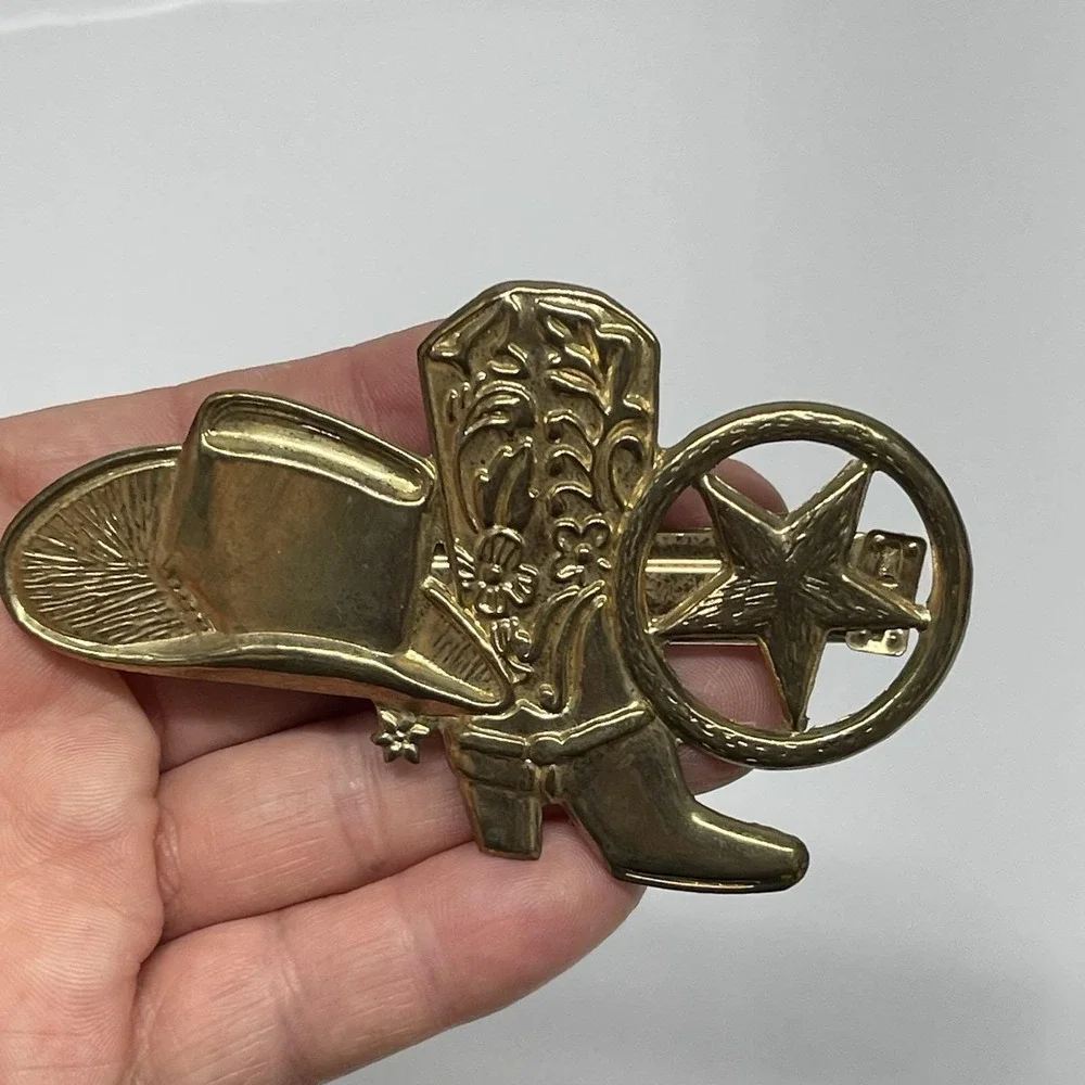 Vintage 90s Women's Unbranded Gold Toned Barrette Western Cowboy Hat Boot Metal